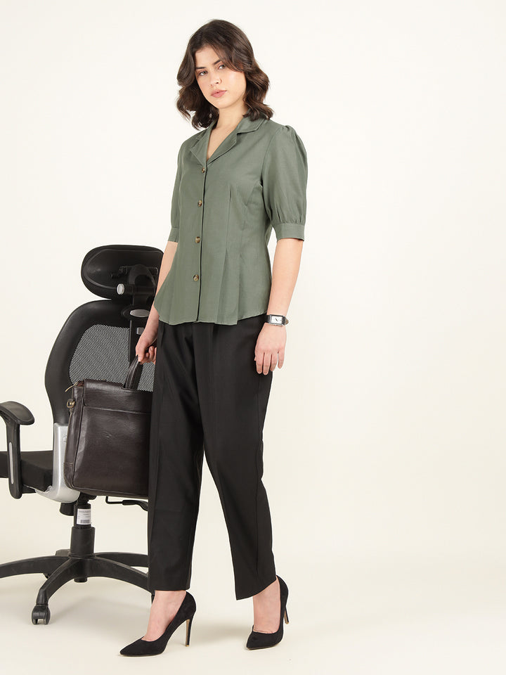 Women Olive Solid Pure Cotton Regular Fit Formal Shirt