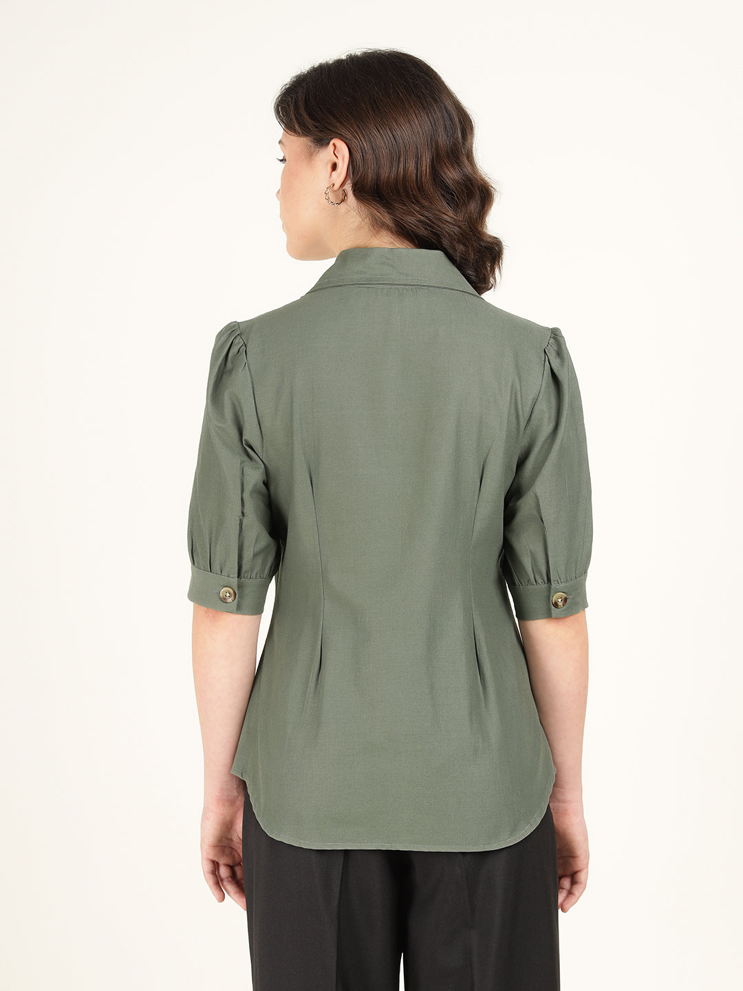 Women Olive Solid Pure Cotton Regular Fit Formal Shirt