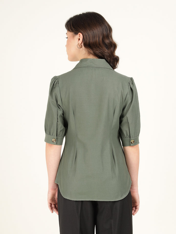 Women Olive Solid Pure Cotton Regular Fit Formal Shirt