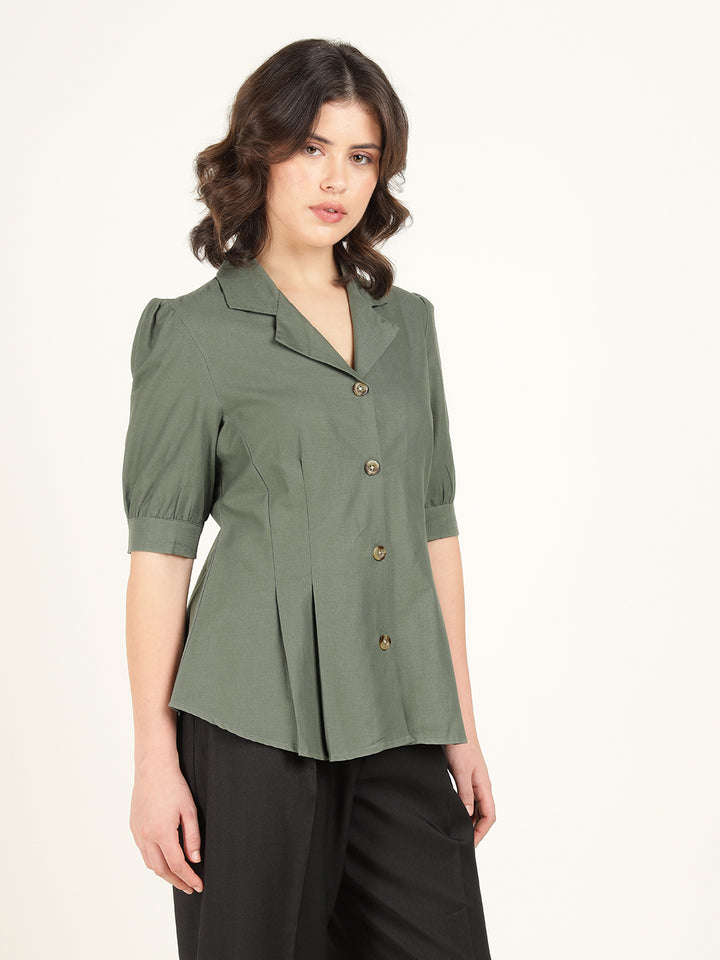 Women Olive Solid Pure Cotton Regular Fit Formal Shirt
