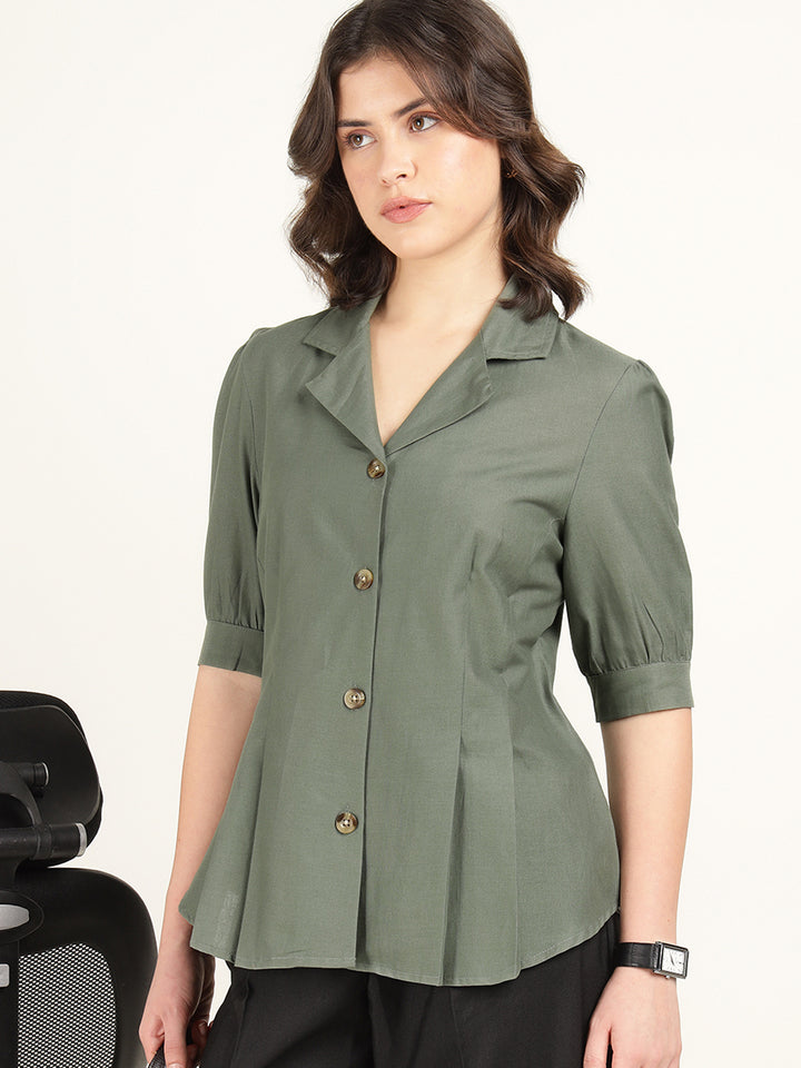 Women Olive Solid Pure Cotton Regular Fit Formal Shirt