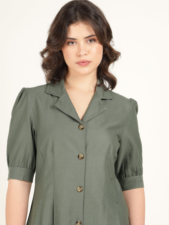 Women Olive Solid Pure Cotton Regular Fit Formal Shirt