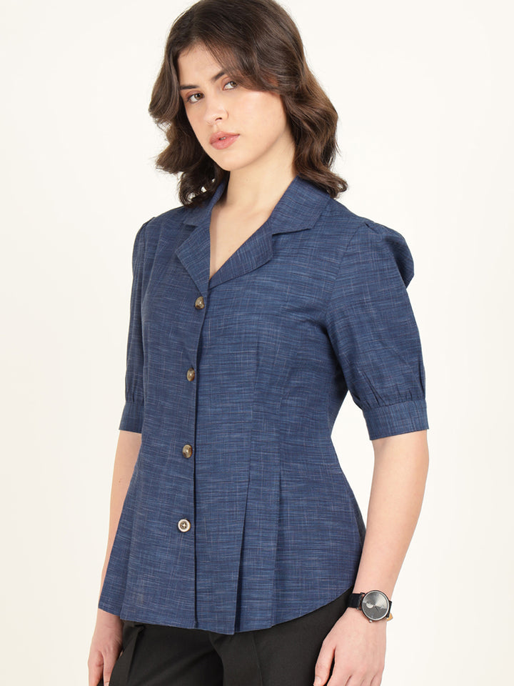 Women Blue Solid Pure Cotton Regular Fit Formal Shirt
