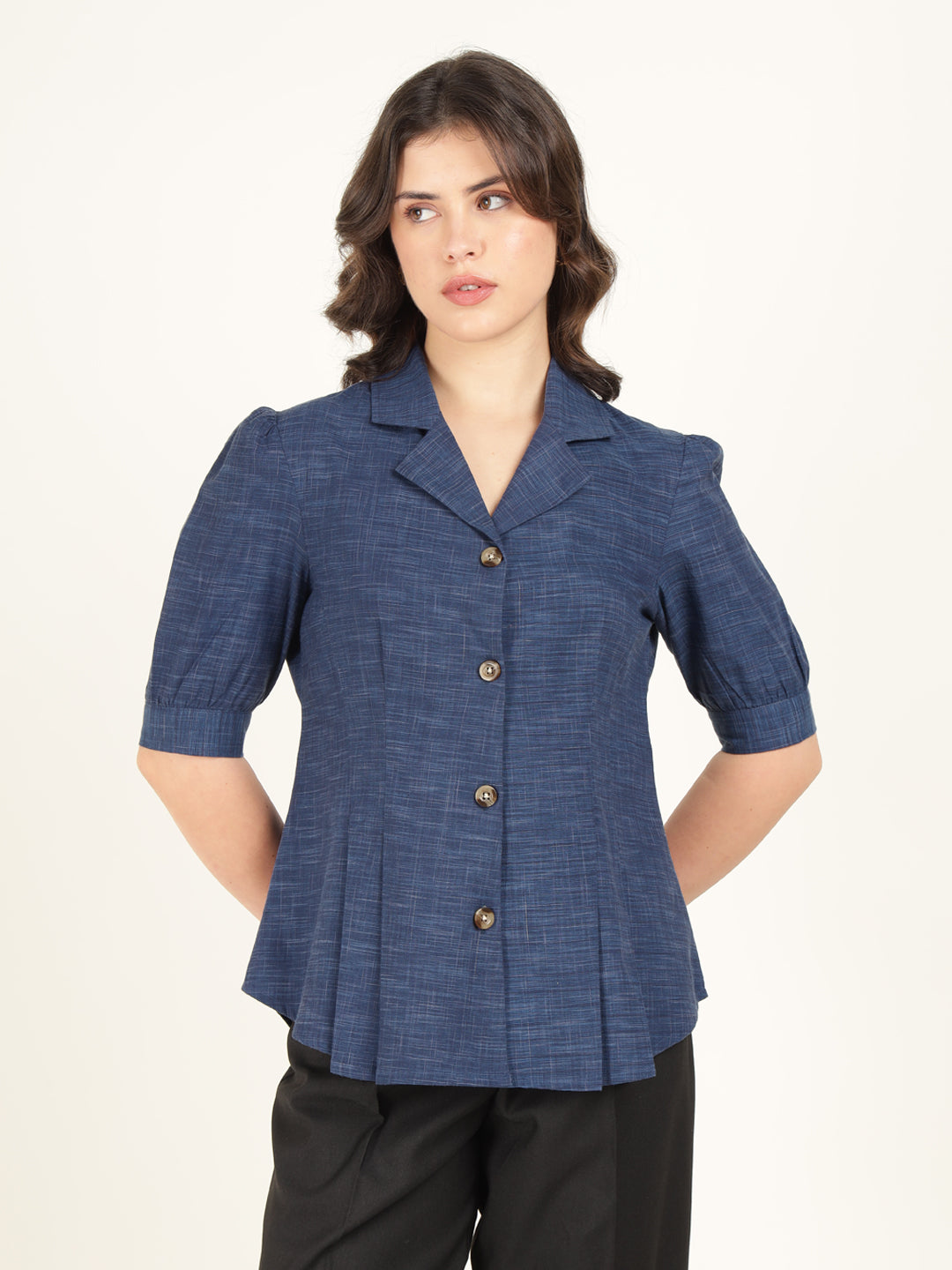 Women Blue Solid Pure Cotton Regular Fit Formal Shirt