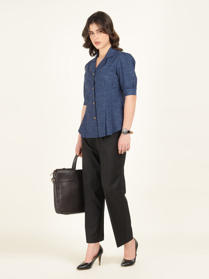 Women Blue Solid Pure Cotton Regular Fit Formal Shirt