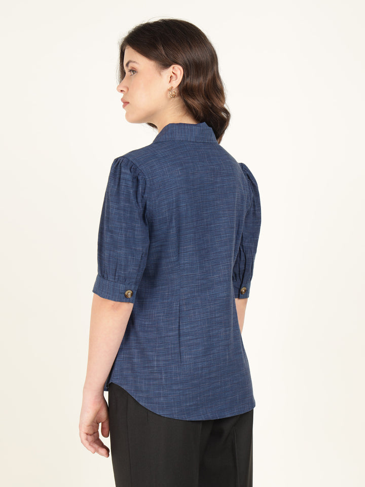 Women Blue Solid Pure Cotton Regular Fit Formal Shirt