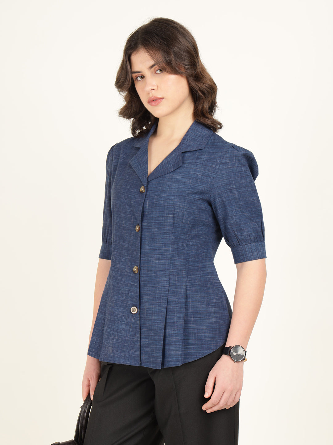 Women Blue Solid Pure Cotton Regular Fit Formal Shirt
