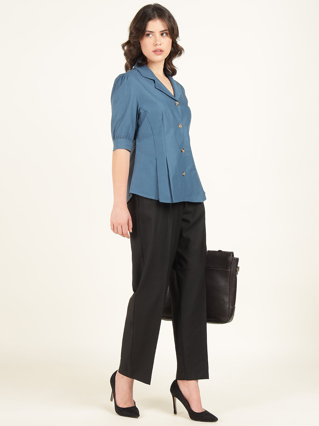 Women Aegian Blue Solid Pure Cotton Regular Fit Formal Shirt