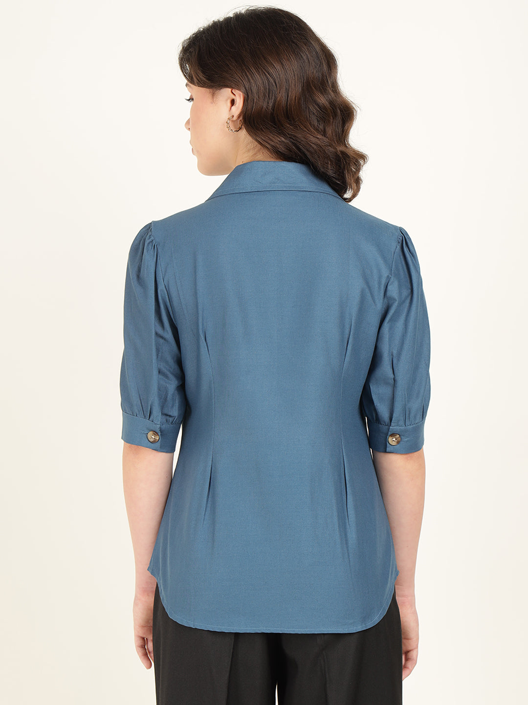 Women Aegian Blue Solid Pure Cotton Regular Fit Formal Shirt