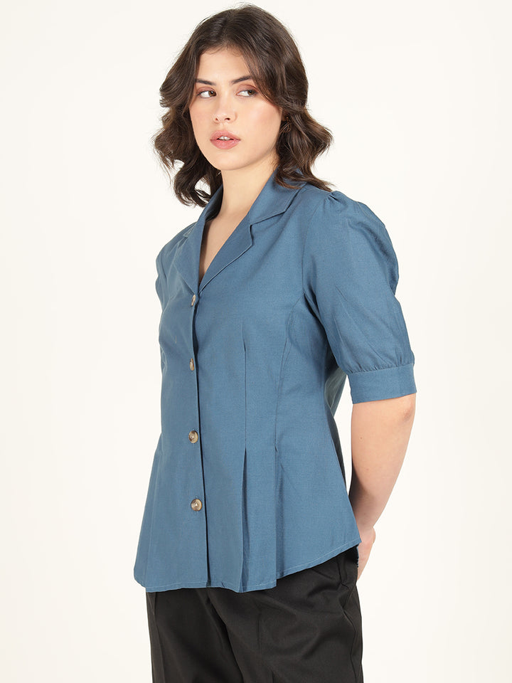 Women Aegian Blue Solid Pure Cotton Regular Fit Formal Shirt