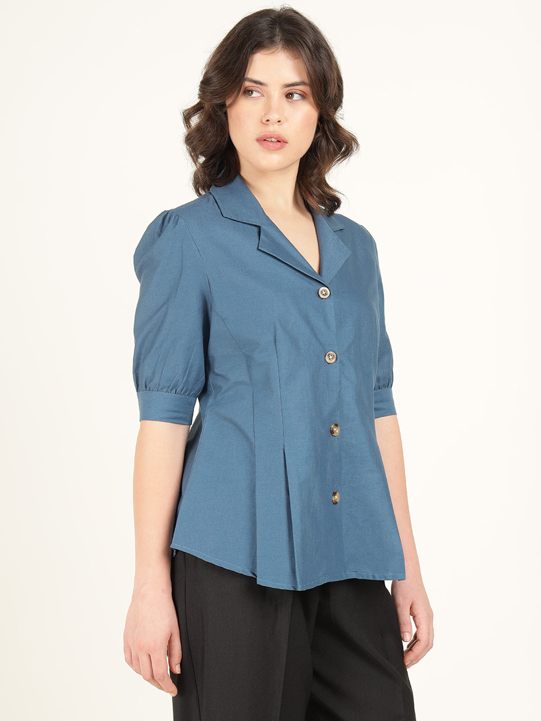 Women Aegian Blue Solid Pure Cotton Regular Fit Formal Shirt