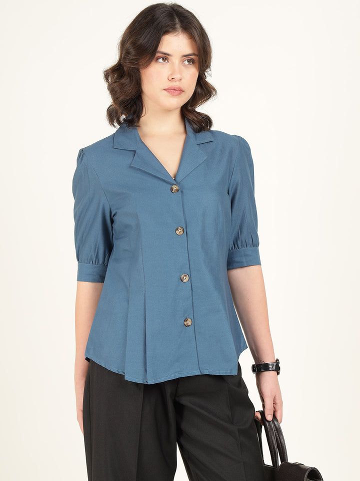Women Aegian Blue Solid Pure Cotton Regular Fit Formal Shirt