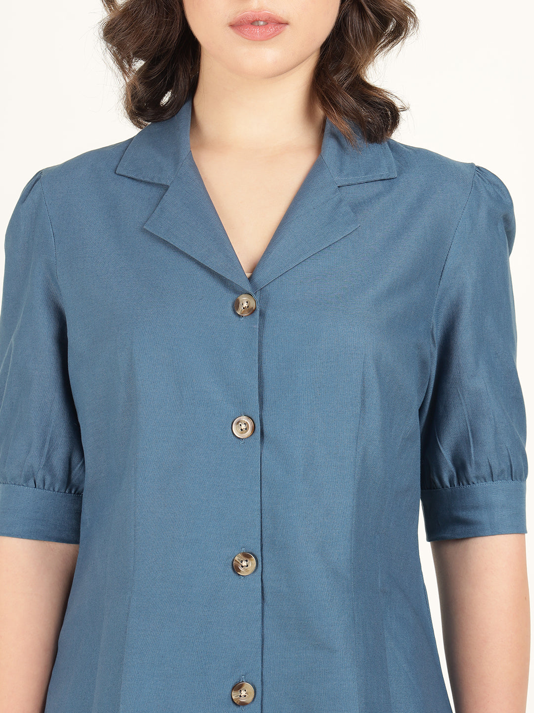 Women Aegian Blue Solid Pure Cotton Regular Fit Formal Shirt