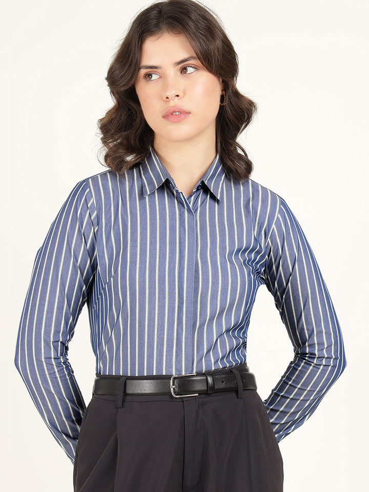 Women Blue Striped Cotton Elastene Regular Fit Formal Shirt