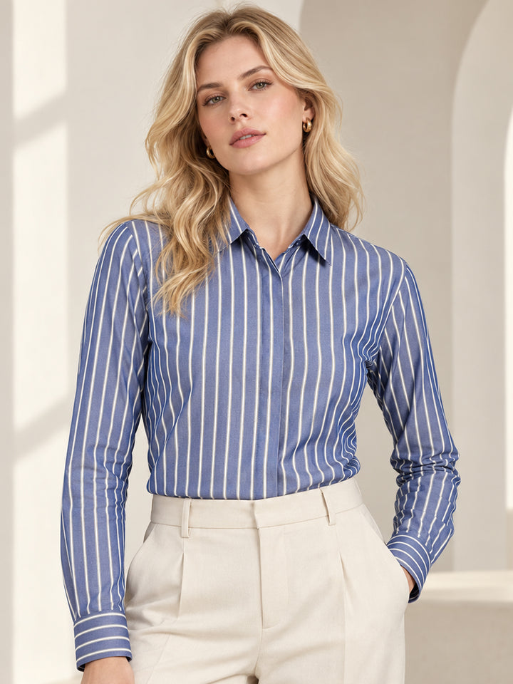 Women Blue Striped Cotton Elastene Regular Fit Formal Shirt