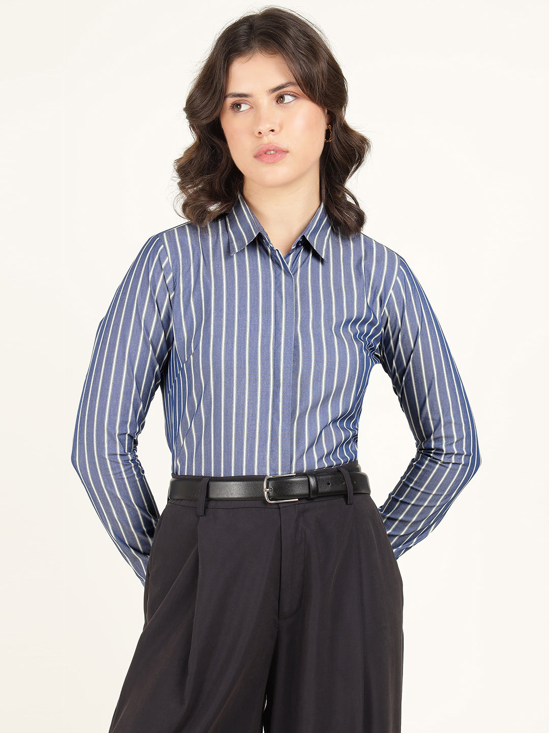 Women Blue Striped Cotton Elastene Regular Fit Formal Shirt