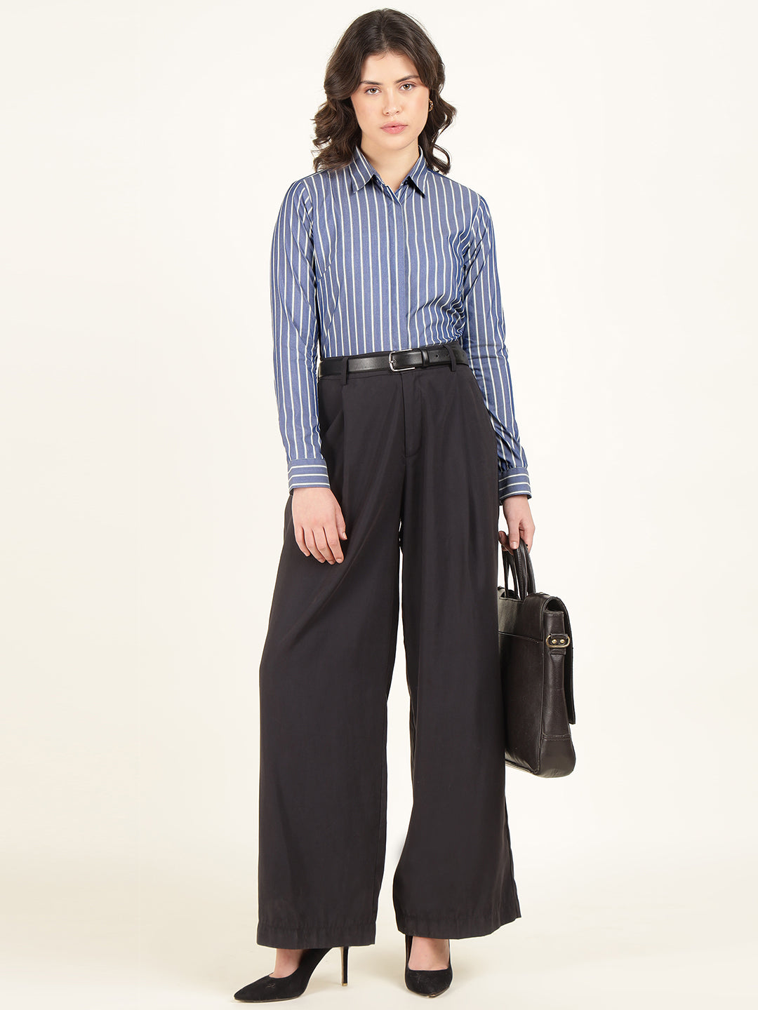Women Blue Striped Cotton Elastene Regular Fit Formal Shirt