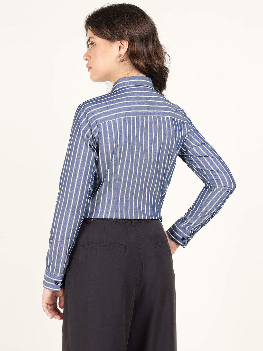 Women Blue Striped Cotton Elastene Regular Fit Formal Shirt