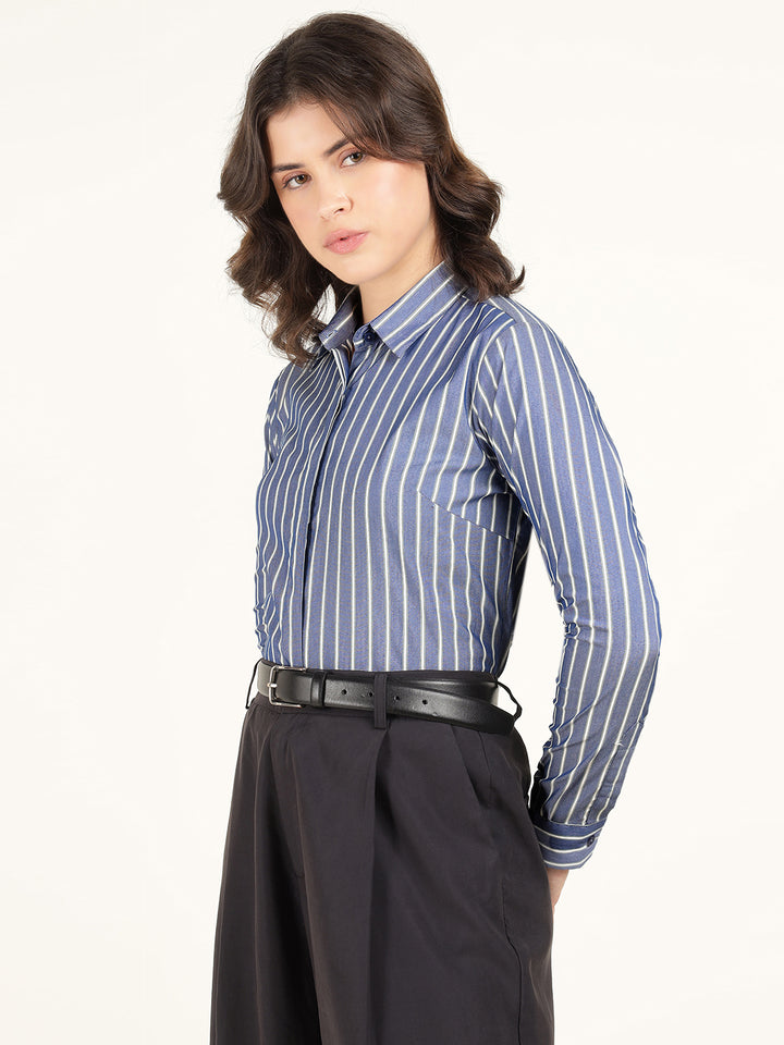 Women Blue Striped Cotton Elastene Regular Fit Formal Shirt