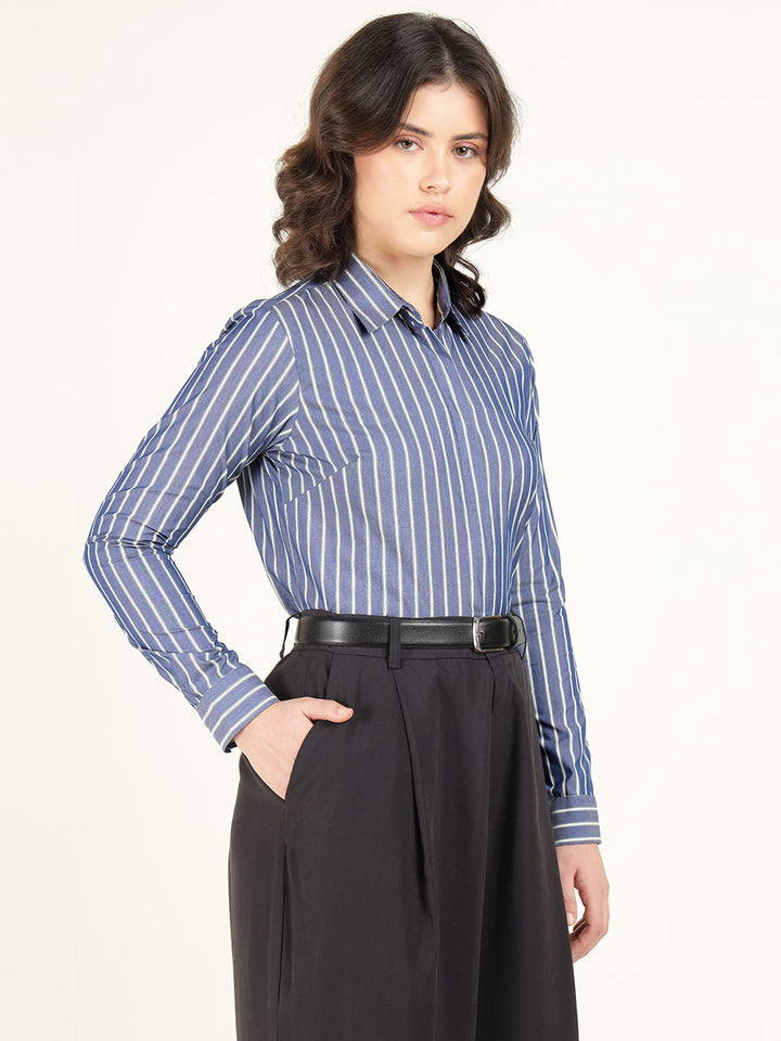 Women Blue Striped Cotton Elastene Regular Fit Formal Shirt