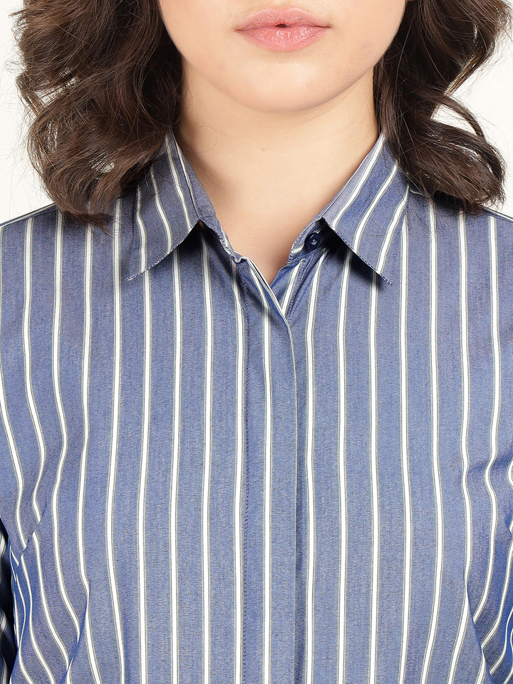 Women Blue Striped Cotton Elastene Regular Fit Formal Shirt