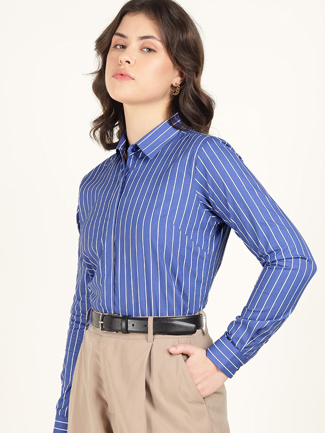 Hancock Women Blue & White Striped Pure Cotton Regular Fit Formal Shirt