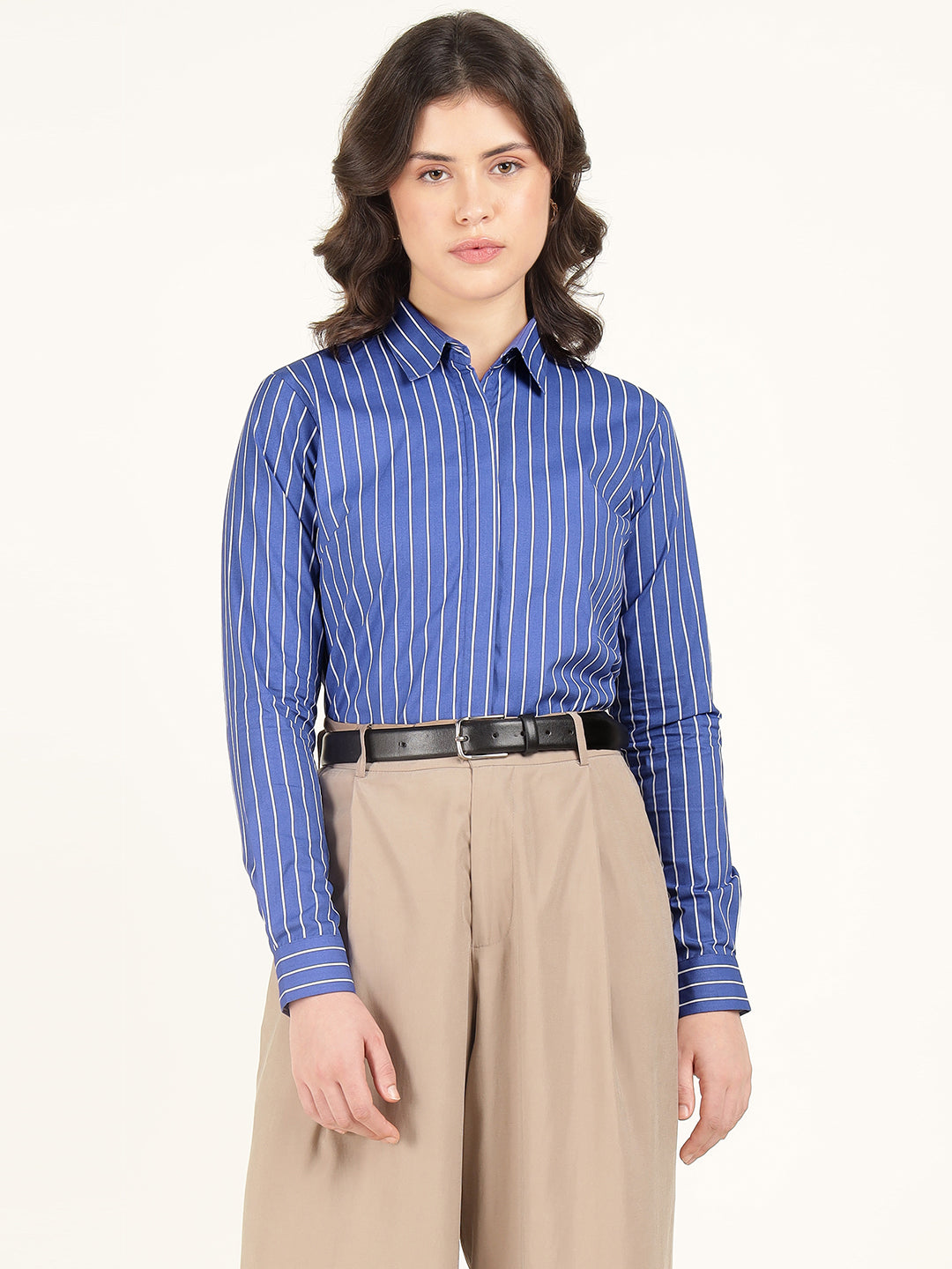 Hancock Women Blue & White Striped Pure Cotton Regular Fit Formal Shirt