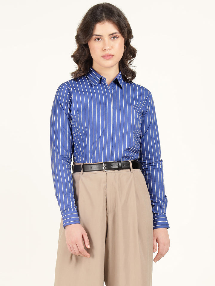 Hancock Women Blue & White Striped Pure Cotton Regular Fit Formal Shirt