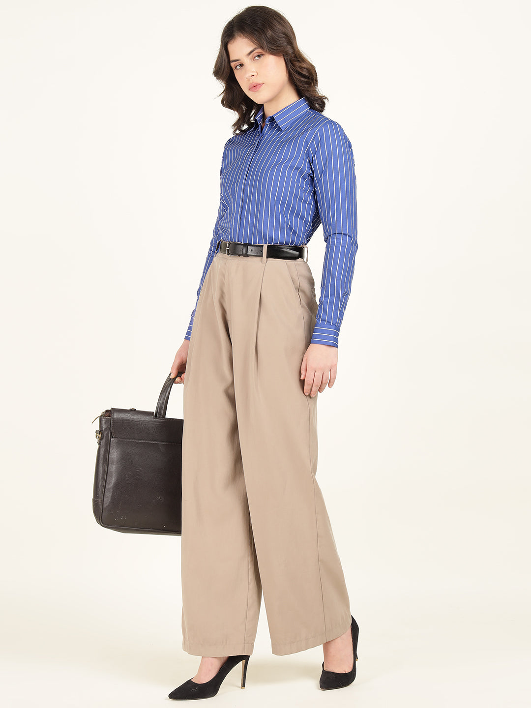 Hancock Women Blue & White Striped Pure Cotton Regular Fit Formal Shirt