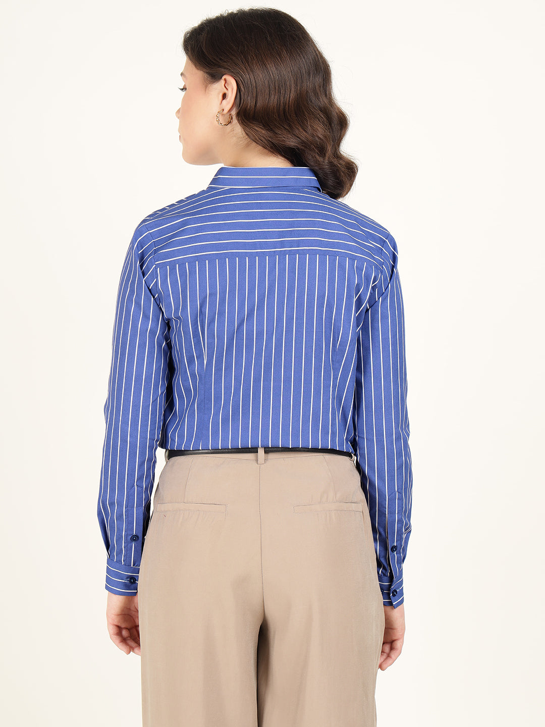 Hancock Women Blue & White Striped Pure Cotton Regular Fit Formal Shirt