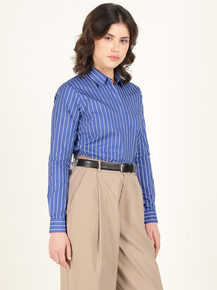 Hancock Women Blue & White Striped Pure Cotton Regular Fit Formal Shirt