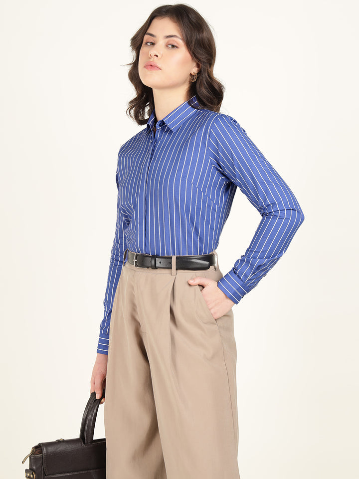 Hancock Women Blue & White Striped Pure Cotton Regular Fit Formal Shirt