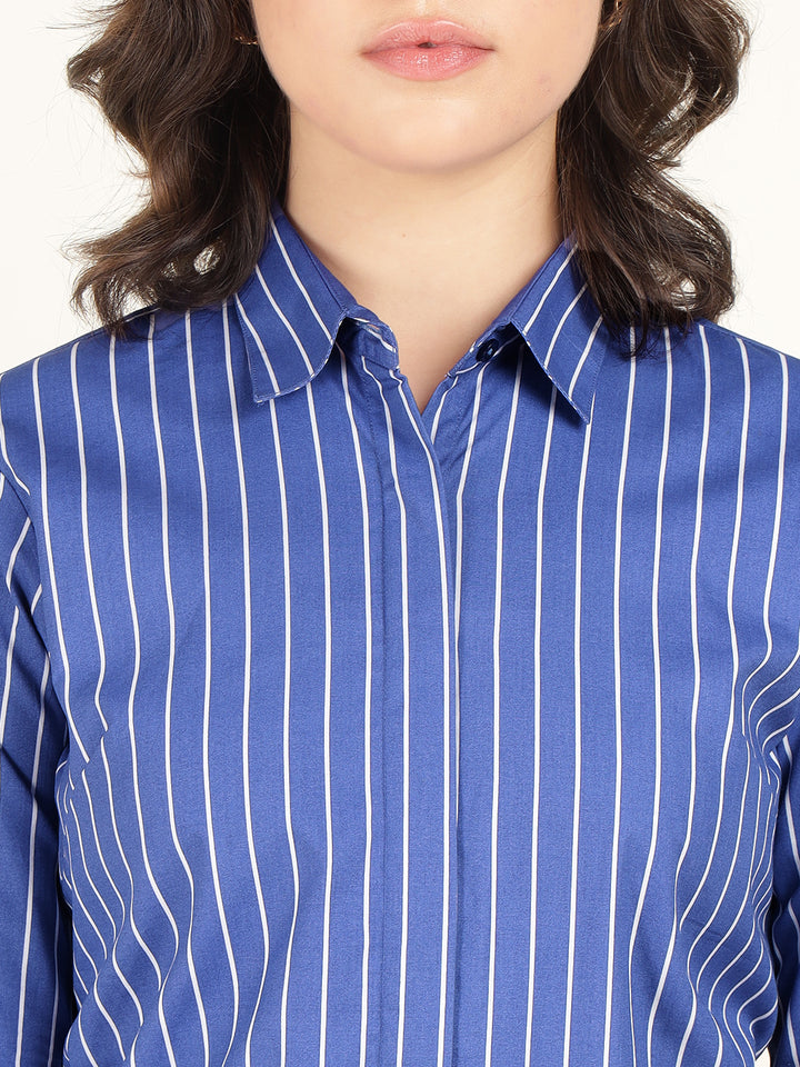 Hancock Women Blue & White Striped Pure Cotton Regular Fit Formal Shirt