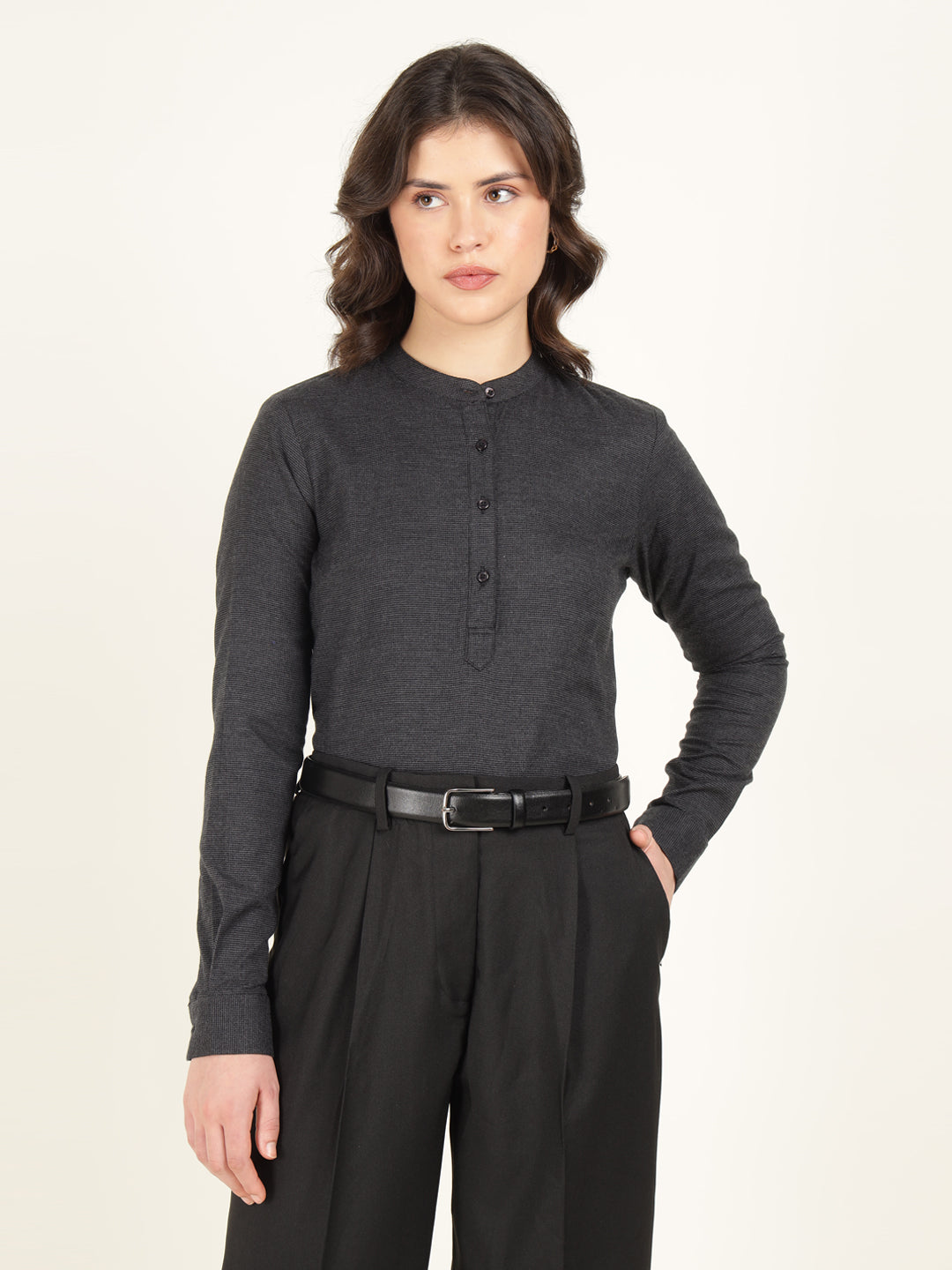 Hancock Women Charcoal Grey Checked Pure Cotton Regular Fit Formal Top