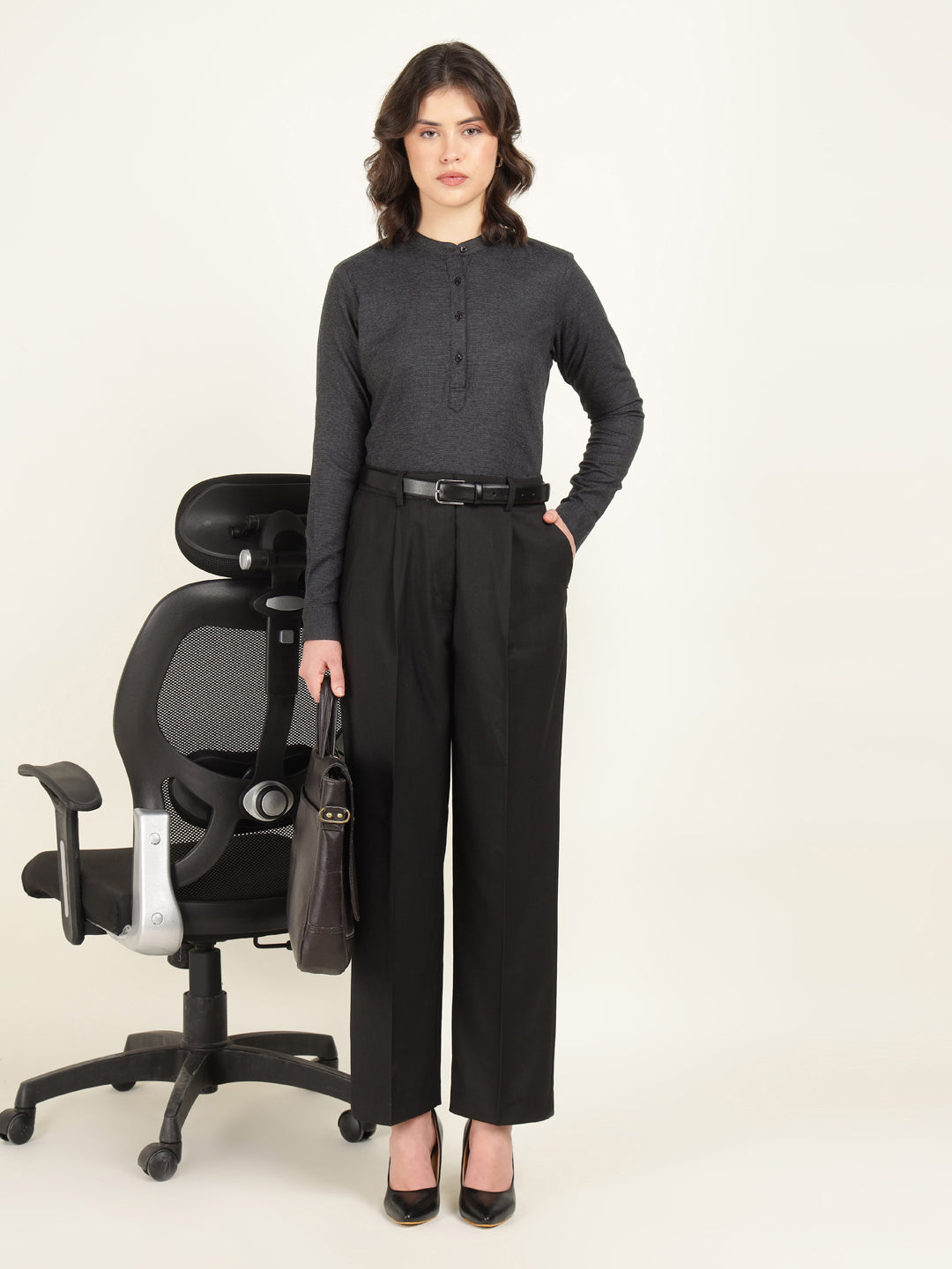 Hancock Women Charcoal Grey Checked Pure Cotton Regular Fit Formal Top