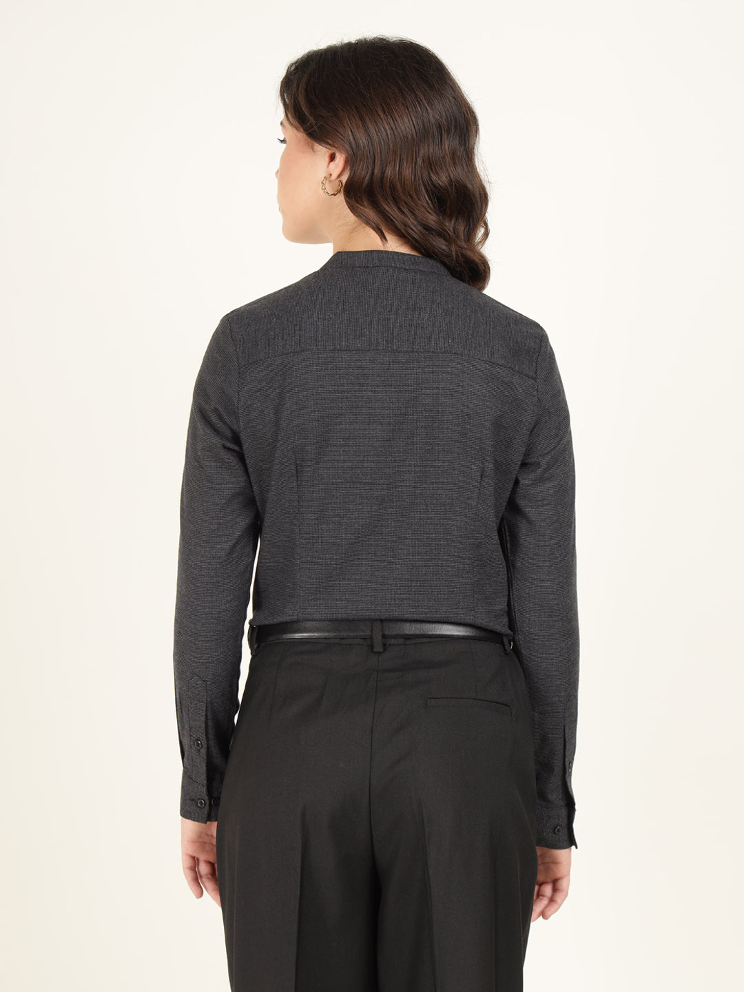 Hancock Women Charcoal Grey Checked Pure Cotton Regular Fit Formal Top