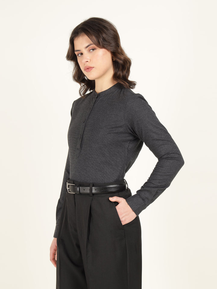 Hancock Women Charcoal Grey Checked Pure Cotton Regular Fit Formal Top