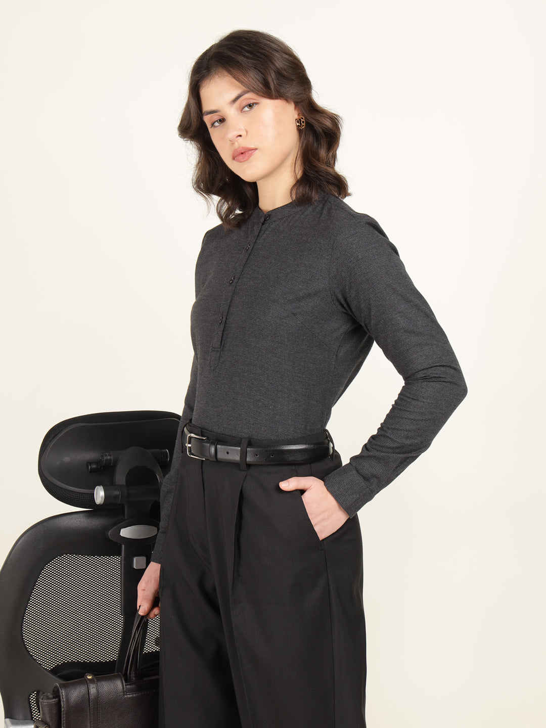 Hancock Women Charcoal Grey Checked Pure Cotton Regular Fit Formal Top