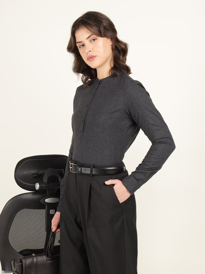 Hancock Women Charcoal Grey Checked Pure Cotton Regular Fit Formal Top