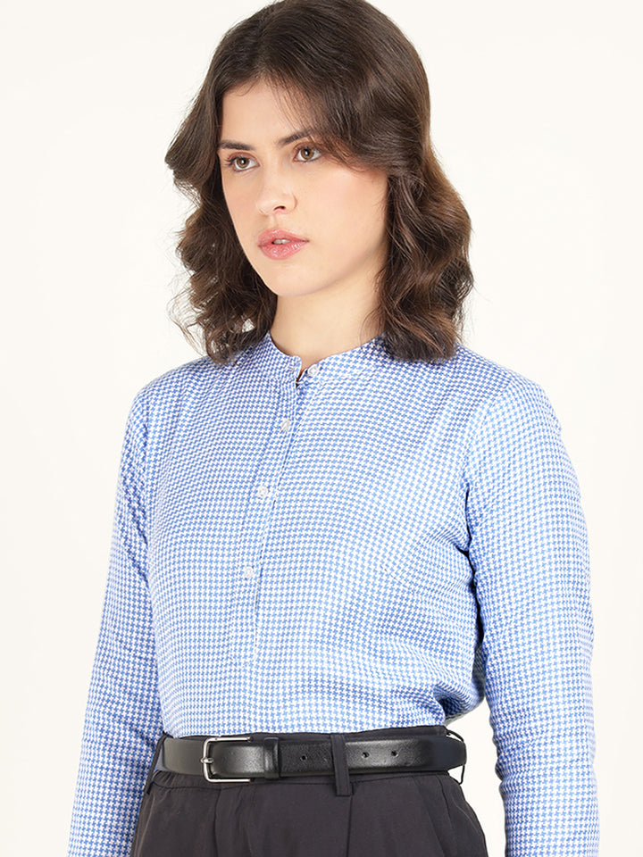 Hancock Women Blue Checked Pure Cotton Regular Fit Formal Top