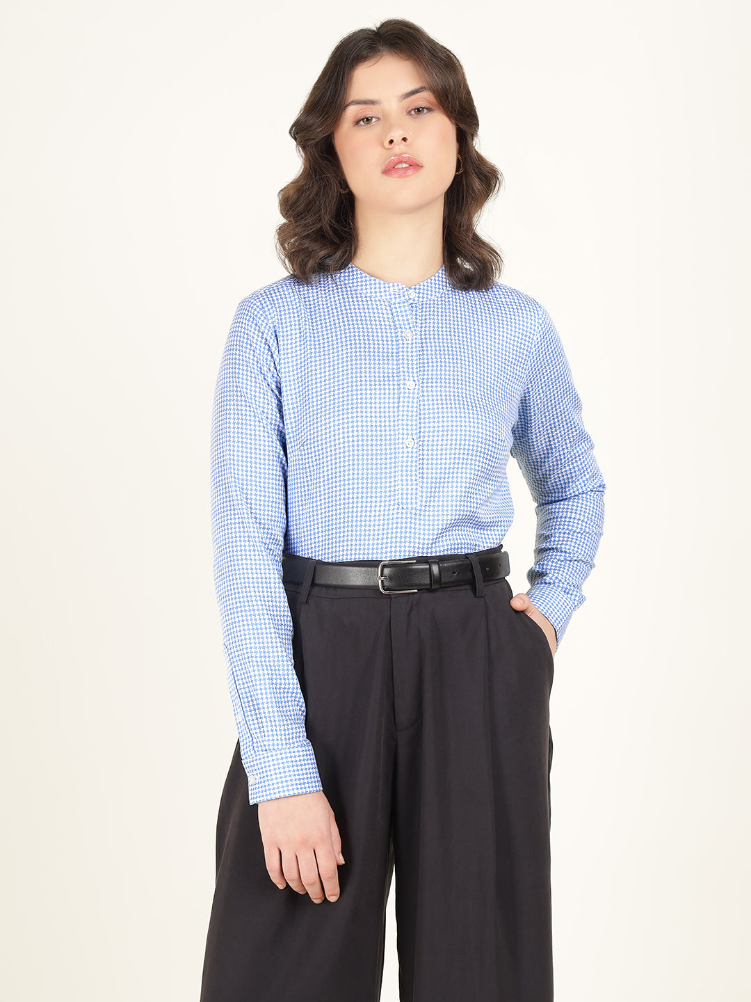 Hancock Women Blue Checked Pure Cotton Regular Fit Formal Top