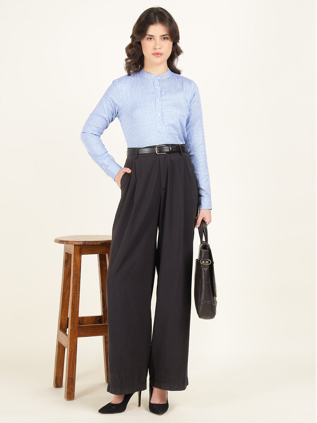 Hancock Women Blue Checked Pure Cotton Regular Fit Formal Top