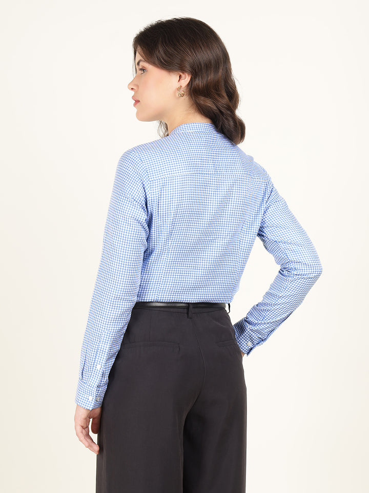 Hancock Women Blue Checked Pure Cotton Regular Fit Formal Top