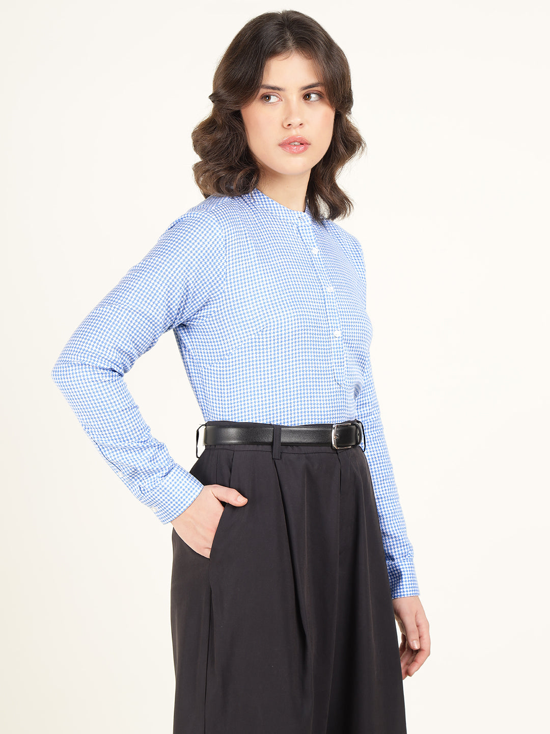 Hancock Women Blue Checked Pure Cotton Regular Fit Formal Top