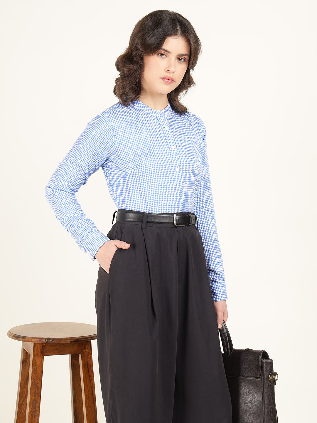 Hancock Women Blue Checked Pure Cotton Regular Fit Formal Top