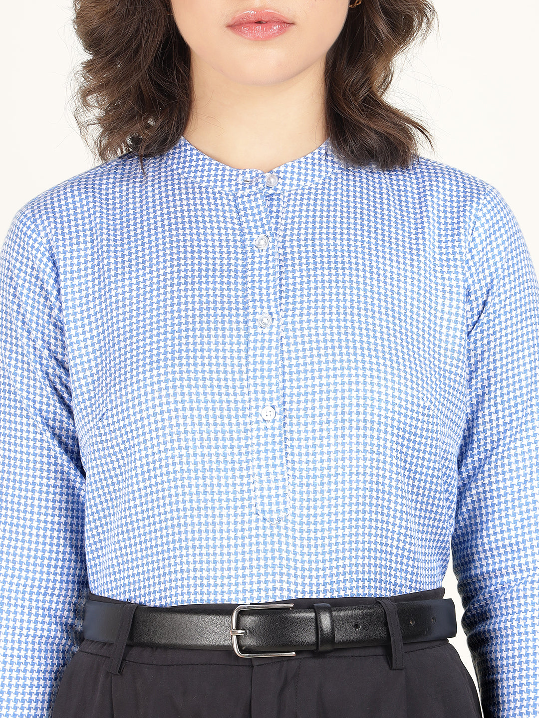Hancock Women Blue Checked Pure Cotton Regular Fit Formal Top
