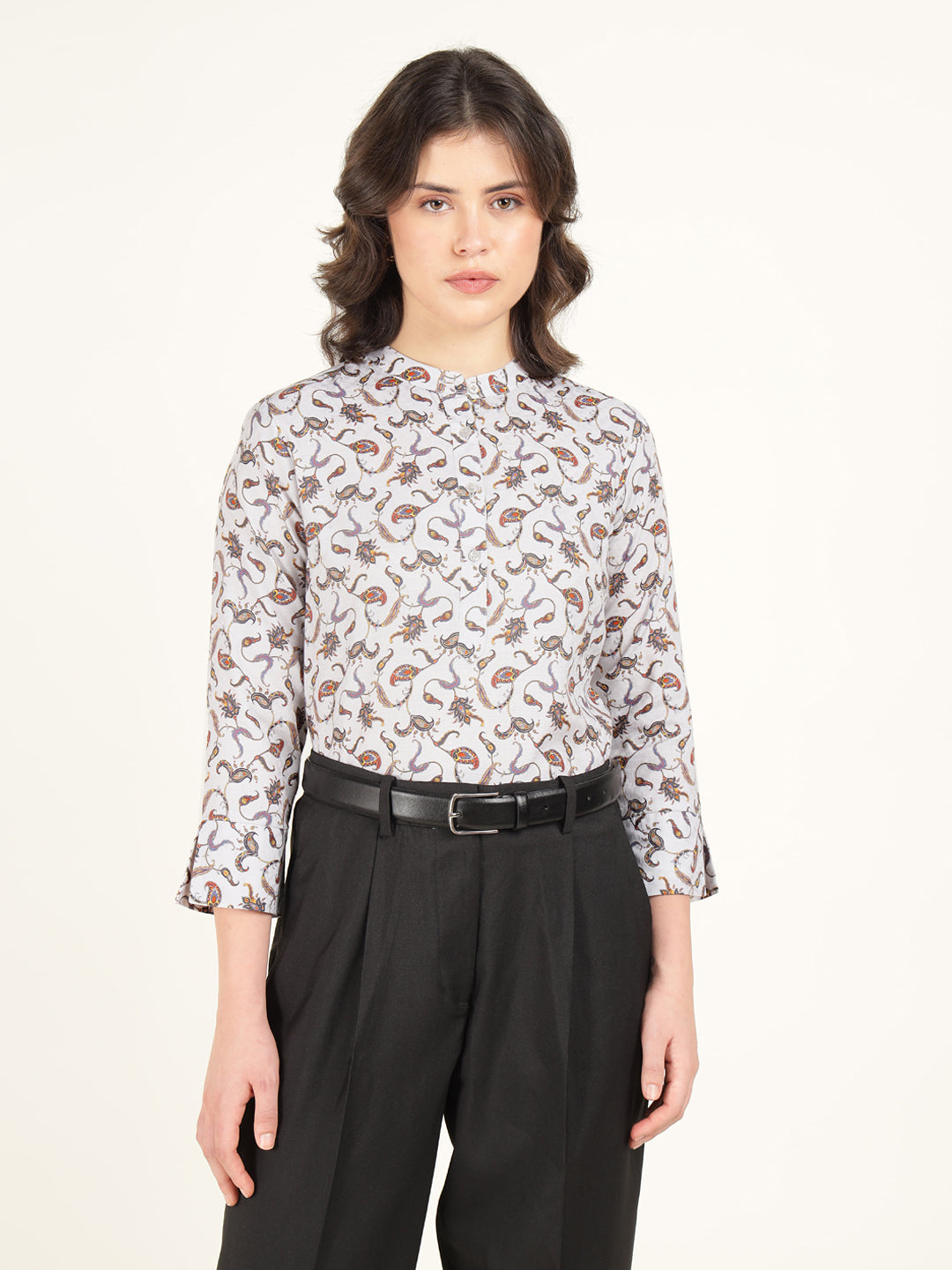 Hancock Women Grey Printed Pure Cotton Regular Fit Formal Top