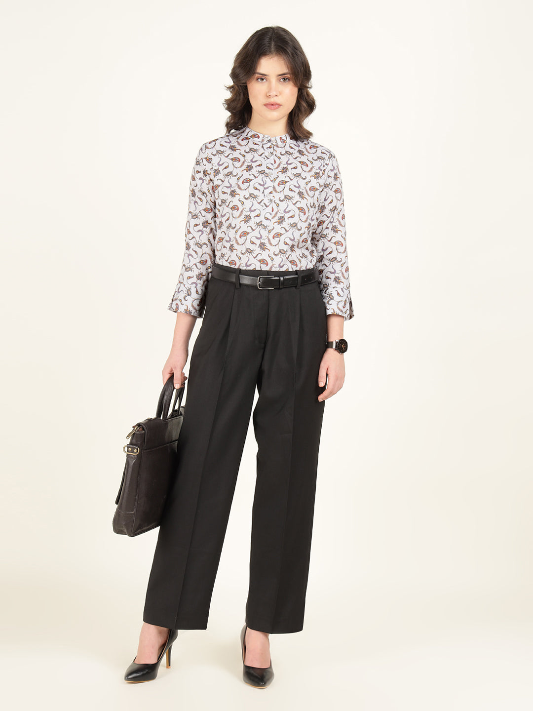 Hancock Women Grey Printed Pure Cotton Regular Fit Formal Top