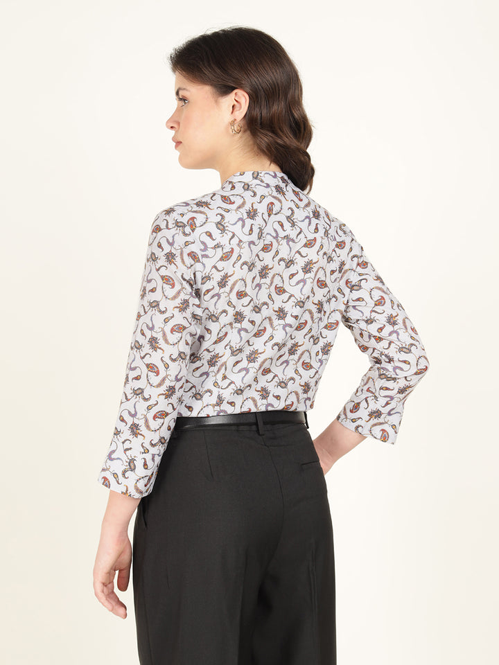 Hancock Women Grey Printed Pure Cotton Regular Fit Formal Top