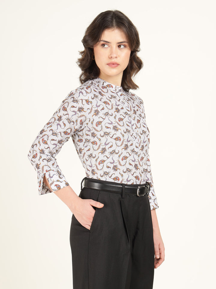 Hancock Women Grey Printed Pure Cotton Regular Fit Formal Top